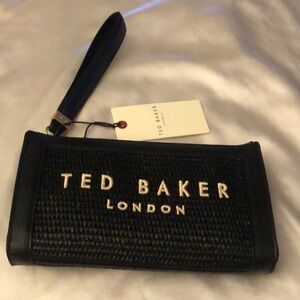 Ted Baker Naomi Woven Black Raffia Faux Leather Wristlet Embroidered Logo OS NWT